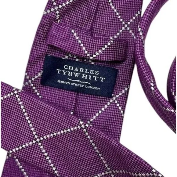 CHARLES TYRWHITT Men's Silk Cotton Necktie LUXURY XL Purple Geometric W:3.2" EUC